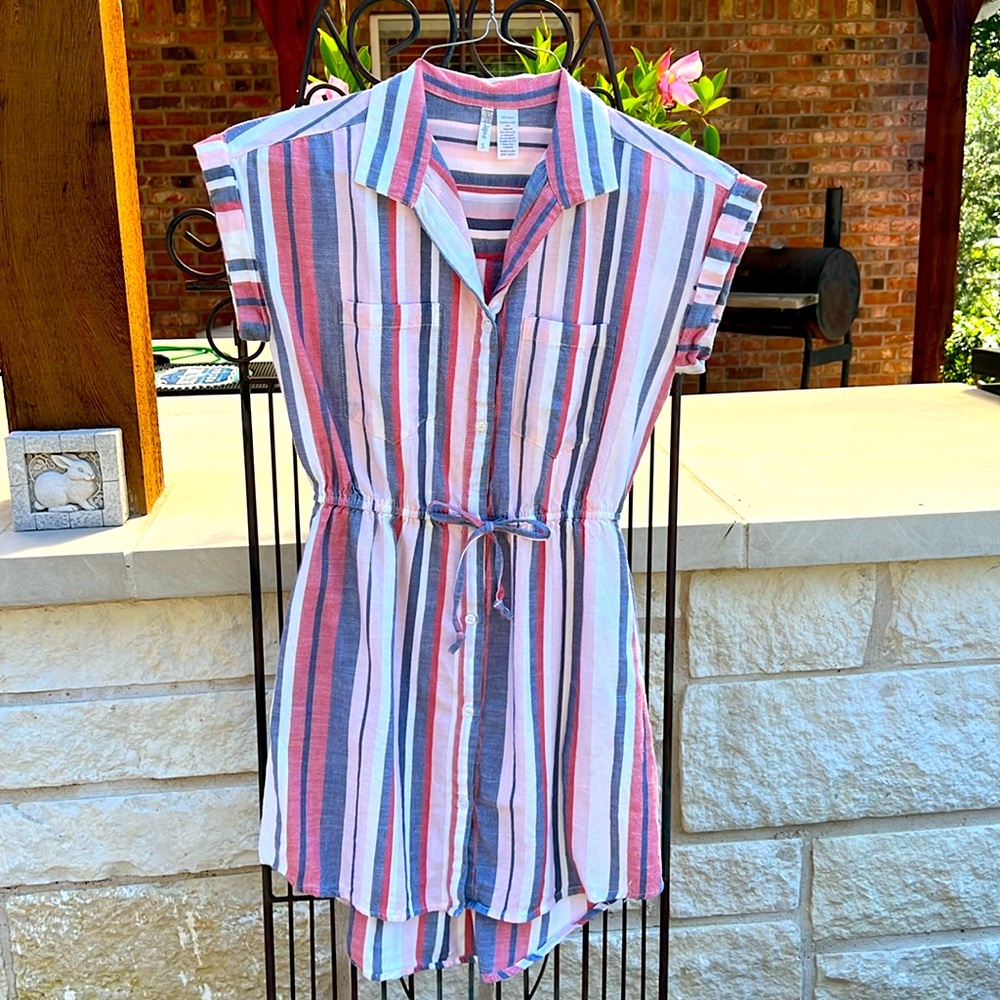 Japna button up casual shirt dress multi colored stripes Small